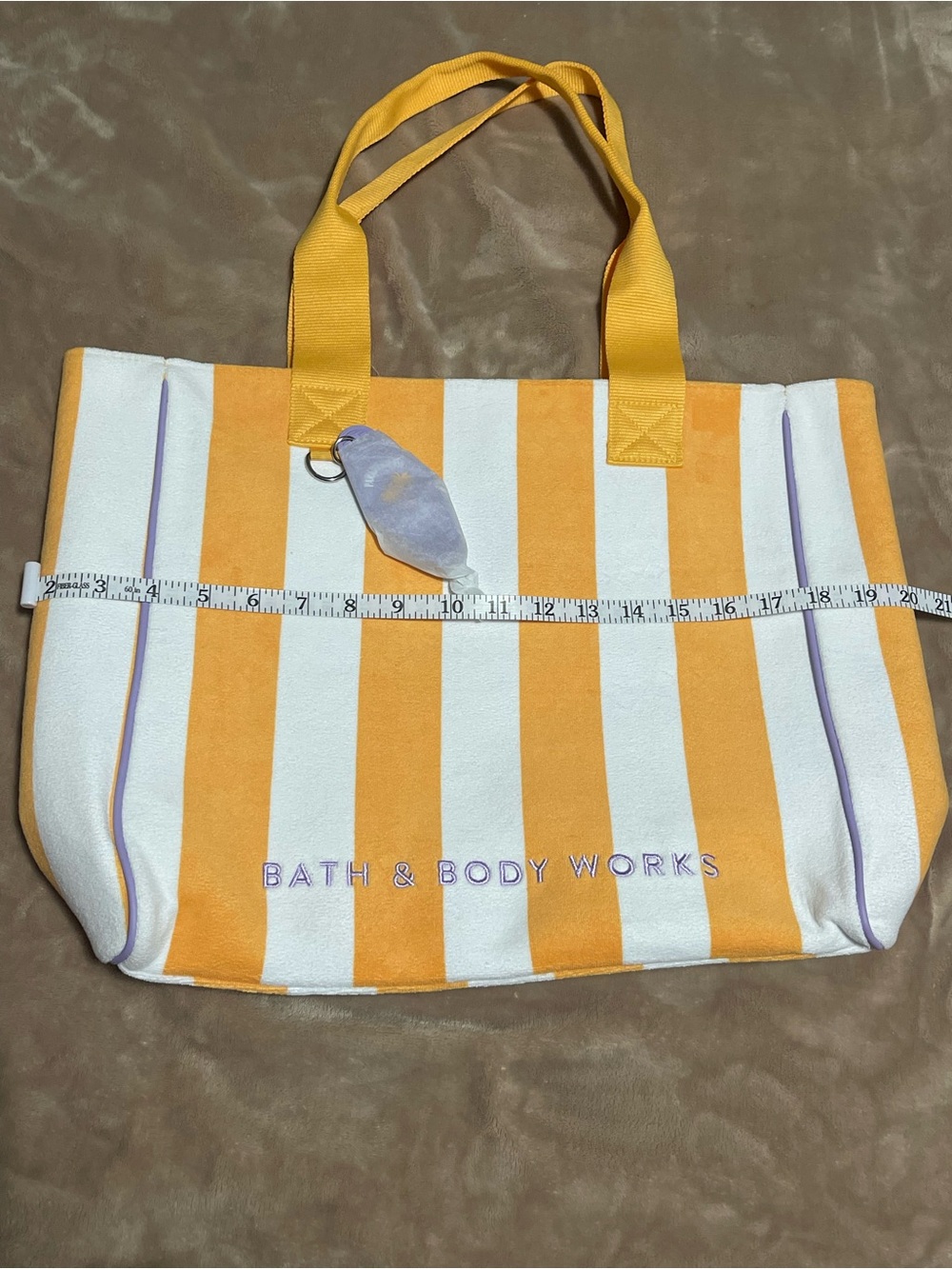 Bath & Body Works Yellow & White Striped Canvas Tote with Purple Accents